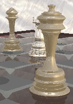 [raytraced image of metal chess pieces on a glass board]